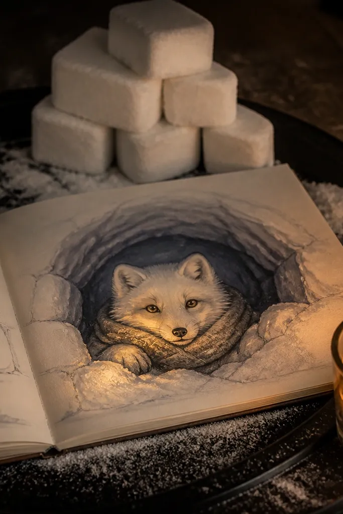 Arctic fox peeking from a snow cave, with a small warm candle glow.