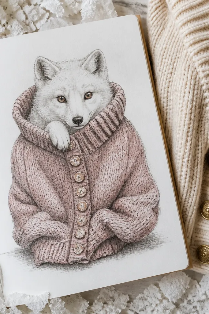 Arctic fox wearing an oversized sweater with visible buttons and cuffs.