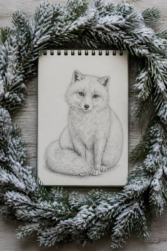 Arctic fox sitting beside a wreath made of pine with snow dusting.