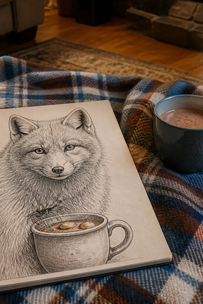 Arctic fox sitting on a plaid blanket with a hot cocoa cup nearby.