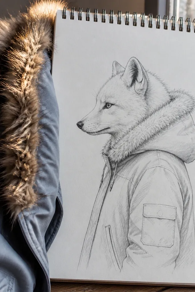 Side-view arctic fox wearing a parka with fur trim and snow behind.