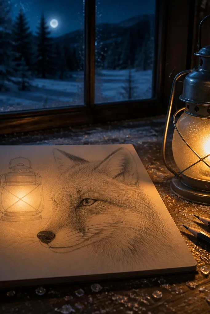 Arctic fox near a lantern, with glowing light and tiny snow sparkles.