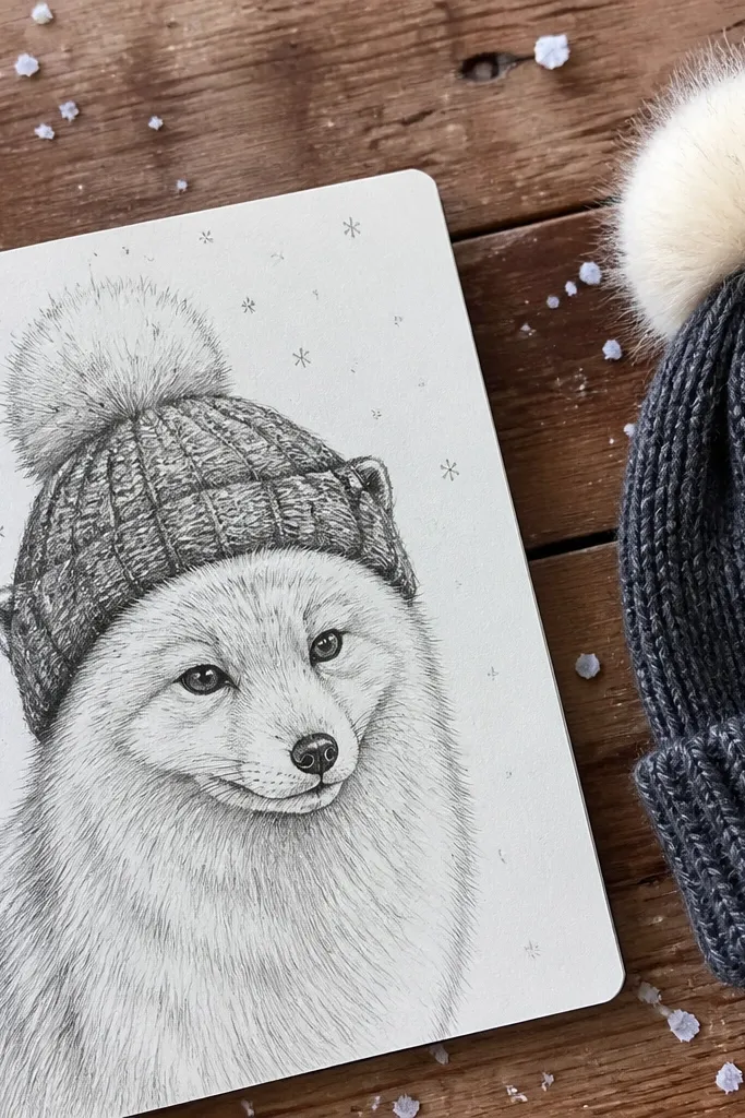 Arctic fox wearing a beanie with a pom-pom, with light falling snow.