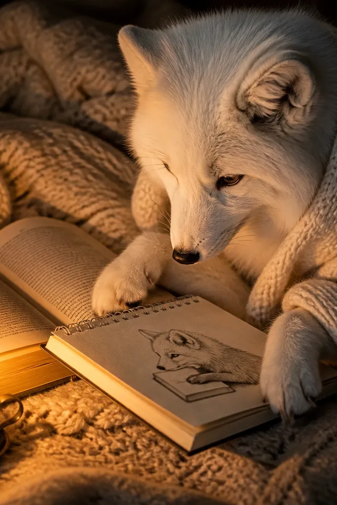 Arctic fox sitting with an open book, lit by a candle glow.