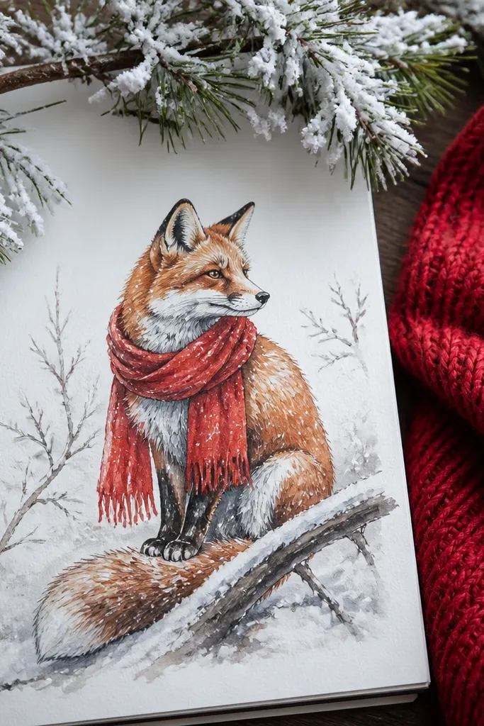 Arctic fox perched on a snow-covered branch, wearing a red scarf.