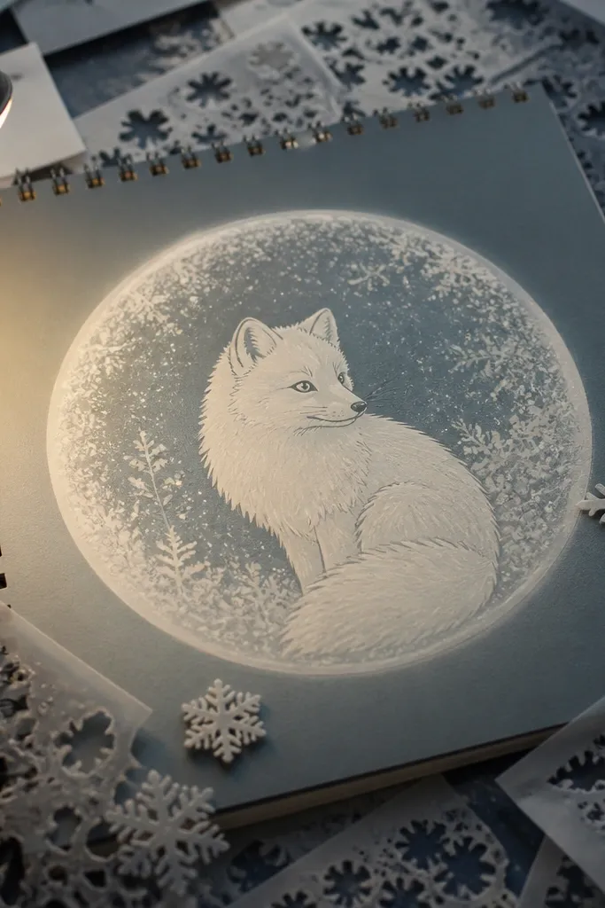 Arctic fox centered inside a glowing frosty circle with light snow texture.