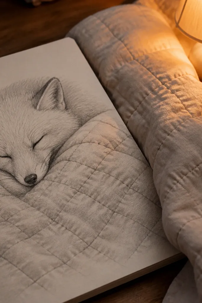 Arctic fox tucked under a quilted blanket with visible stitched squares.