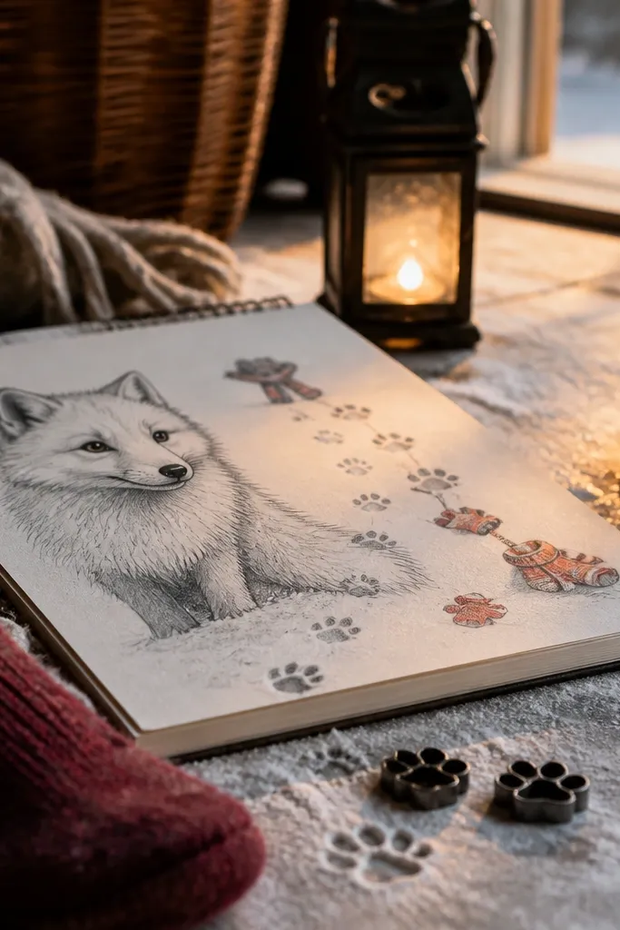 Arctic fox beside a trail of pawprints in snow, with a warm scarf accent.