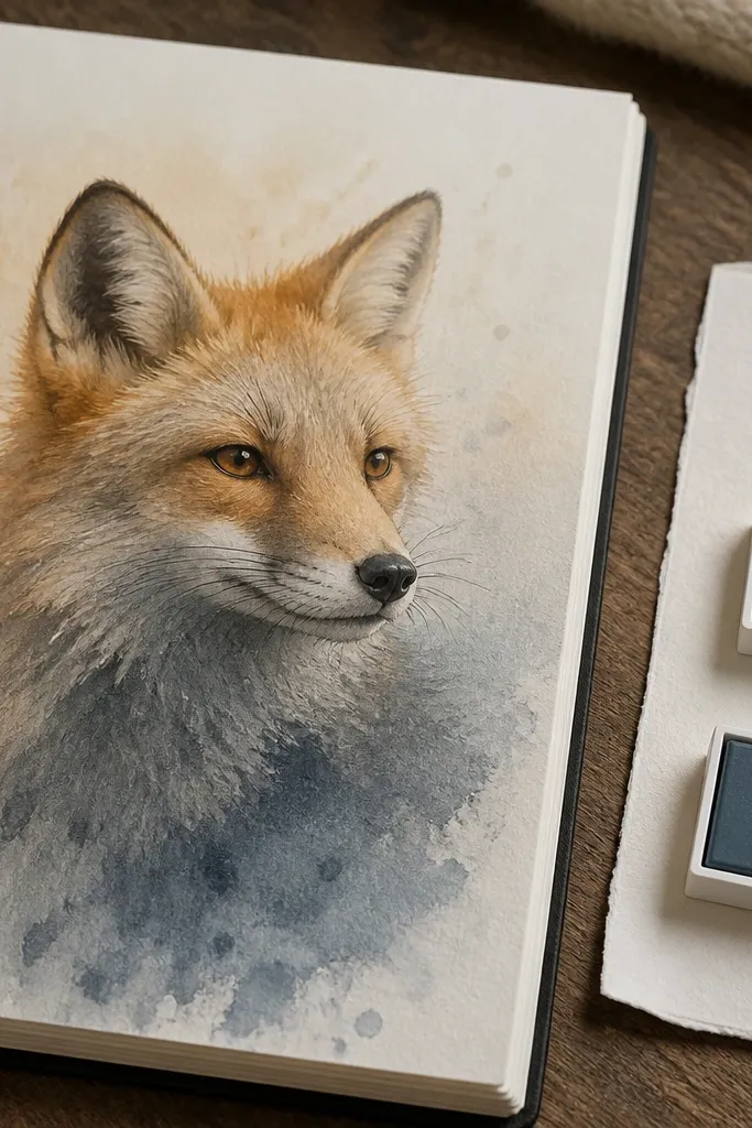 Arctic fox portrait where fur softly blends into a warm-cool gradient background.
