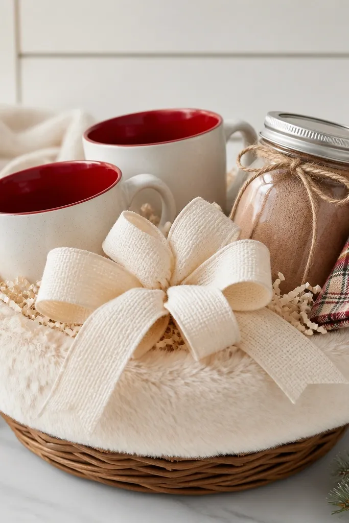 A small 10-inch wicker basket wrapped in a strip of cream faux fur. Inside are two mugs with red interiors, a jar of cinnamon cocoa mix tied with twine, and a folded plaid napkin tucked at the rim. A chunky cream bow sits centered on top of pale shredded paper.