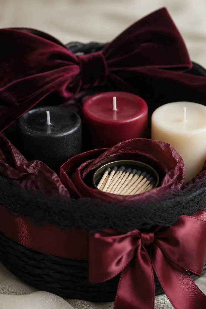 A black and burgundy basket with a glossy burgundy ribbon. Three short candles (one black, one burgundy, one cream) sit in a semicircle. A small tin of matches is wrapped in tissue and placed at the front. The top has a velvet burgundy bow and a strip of black lace across the rim.