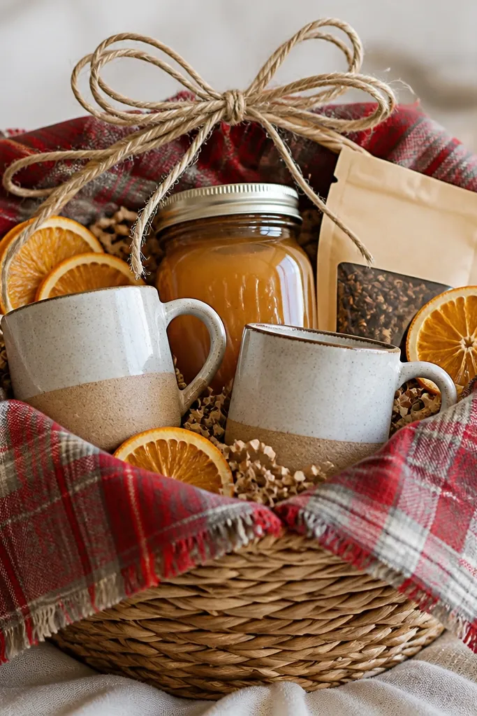 A woven basket with a red-and-gray plaid tea towel draped over the sides. Inside are two small mugs, a jar of spiced cider, and a packet of chai. Thin orange slices are tucked into the filler like ornaments. A rustic twine bow sits on top.