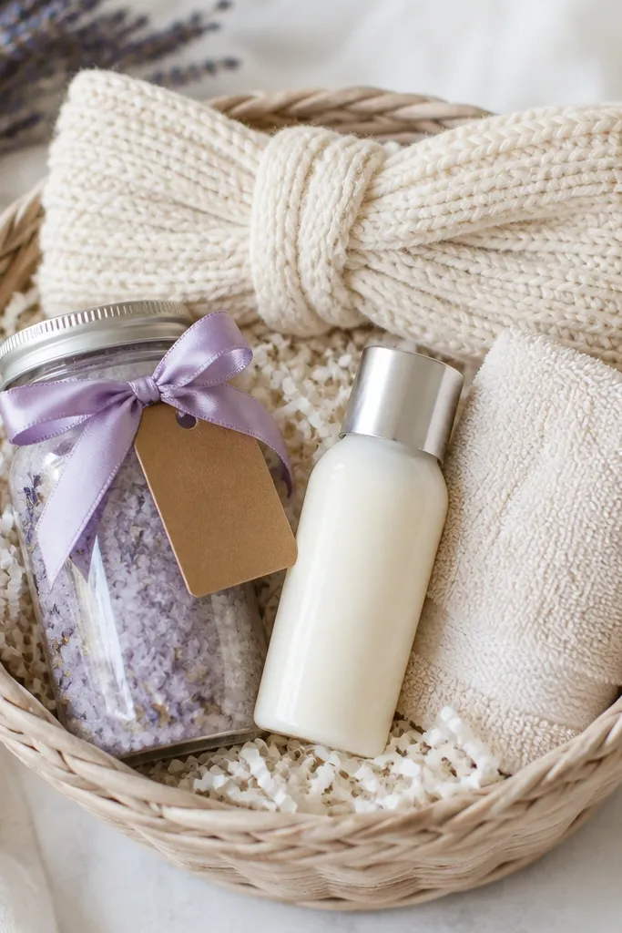 A light beige basket lined with soft white shredded paper. A knit cream headband sits across the top like a crown. Inside are a clear jar of lavender bath salts, a small lotion bottle, and a folded terry washcloth. A simple kraft tag and lavender ribbon hang from a jar.