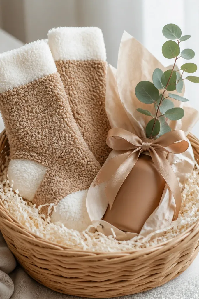 A basket filled with cream crinkle paper. A pair of fuzzy socks in camel and cream sits upright, with the cuff folded outward. A small caramel-colored hand cream bottle is wrapped in tissue and tied with a tan ribbon. The top has a mini eucalyptus sprig and a bow.