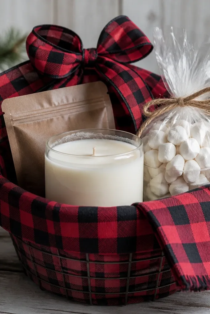 A red-and-black buffalo check basket liner. A vanilla candle with a cream label sits front center, with a cocoa packet tucked behind. A small jar of marshmallows is wrapped in clear cellophane and tied with twine. The top has a check ribbon bow and a folded check napkin.