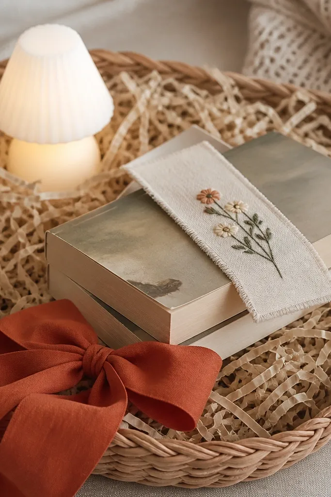 A basket with oat-colored shredded paper. A small LED light shaped like a mini lamp sits in the back. A stack of two paperback books lies sideways, with a handmade fabric bookmark on top. A ribbon bow in rust orange sits at the front.