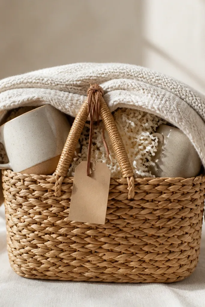 A basket with a small folded knit throw draped over the top like a cape. Two ceramic mugs peek out from the sides. The filler is cream shredded paper. A simple leather cord ties around the basket handle area, and a small paper tag hangs from the cord.