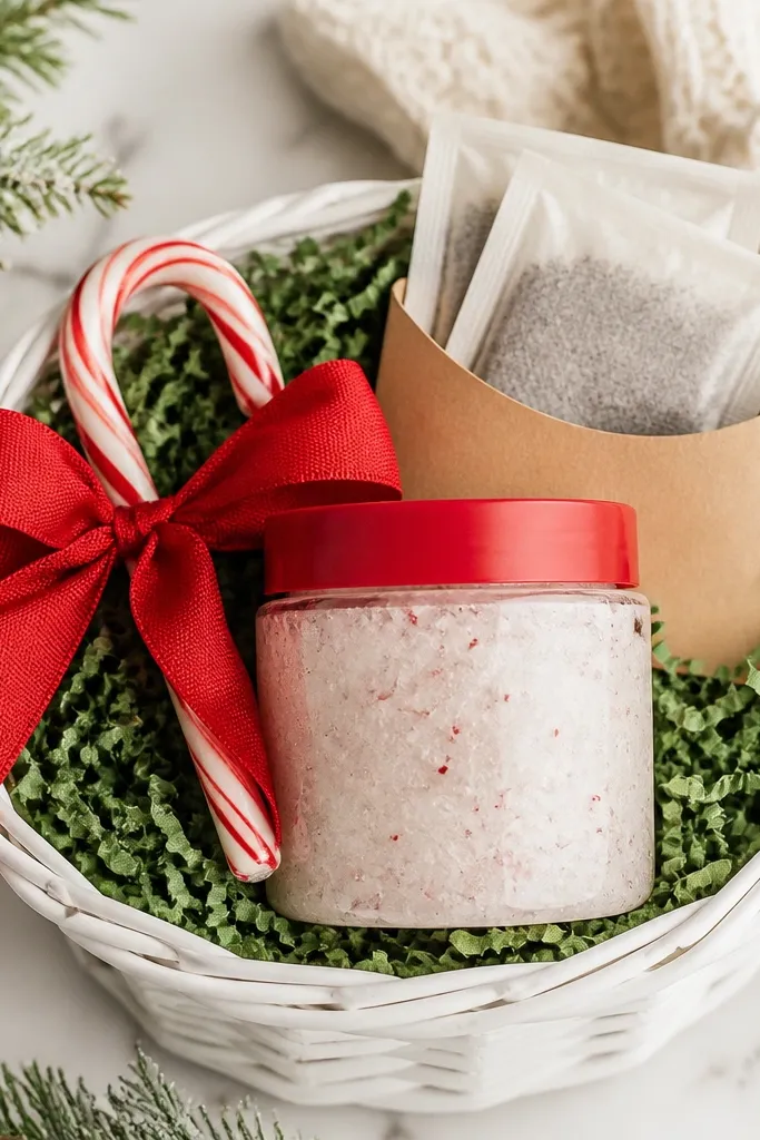 A white basket lined with green crinkle paper. A clear jar of peppermint body scrub sits front center with a red lid. Two tea packets are tucked upright in a small kraft paper sleeve. A peppermint candy cane is laid diagonally on top under a red bow.