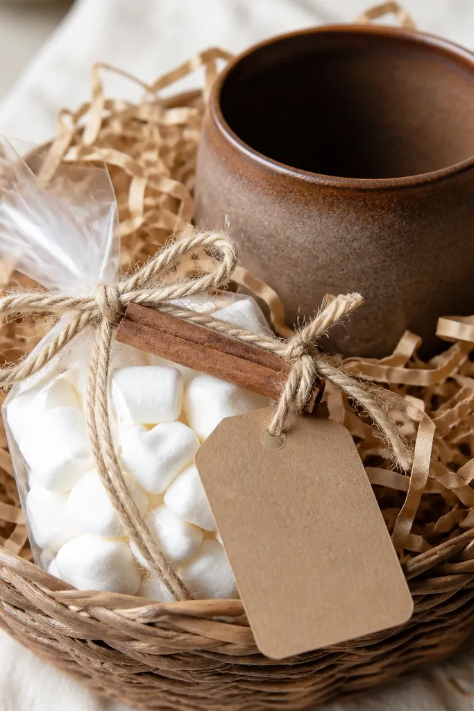A basket filled with tan shredded paper. A small clear bag of marshmallows sits in the front, tied with thick twine. A mug with a simple brown glaze sits behind it. On top, a kraft tag tied with twine hangs from a small cinnamon stick.