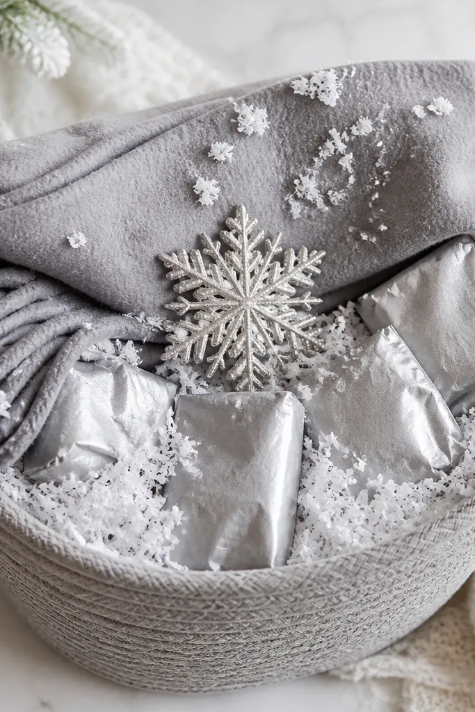A light gray basket filled with white shredded paper. A folded gray fleece scarf sits across the top. Small cocoa packets are wrapped in silver tissue. A few faux snow pieces are scattered lightly on top, with a silver snowflake ornament at center.