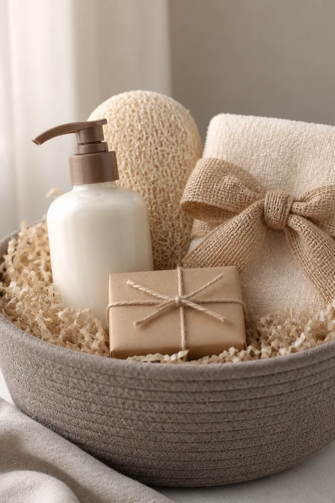 A taupe basket with beige shredded paper. A beige loofah sits upright behind a bottle of vanilla lotion. A small bar soap wrapped in kraft paper rests in front. The top has a folded cream washcloth and a burlap ribbon bow.