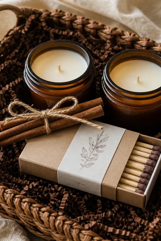 A basket with dark brown shredded paper. Two cinnamon-scent candles sit side by side. A DIY matchbox cover made from kraft paper and a small printed label wraps a matchbox. The top has a small cinnamon stick bundle tied with twine.