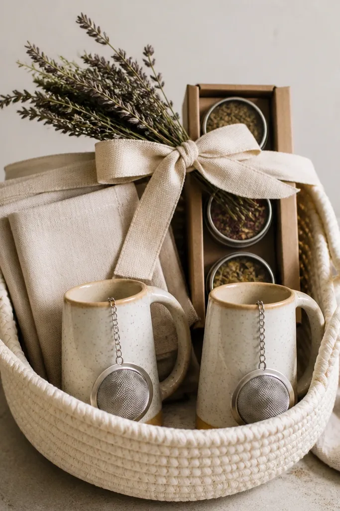 A cream basket with linen napkins folded into rectangles. Two tea infuser mugs sit side by side, and a small tea tin sampler stands upright behind them. The top has a linen ribbon bow and a small sprig of dried herbs.