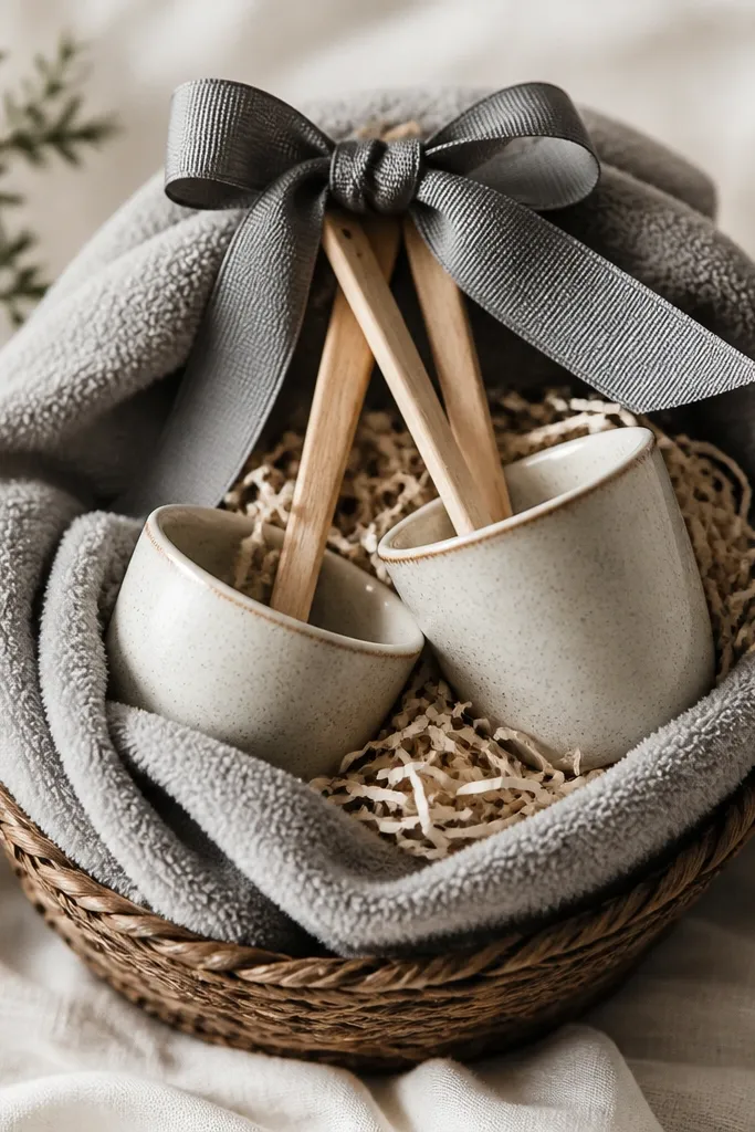 A small basket wrapped partly in a folded gray fleece blanket. Two cocoa cups are placed at angles, with wooden cocoa stir sticks sticking up. The filler is light tan shredded paper. A gray ribbon bow sits on top of the stir sticks.