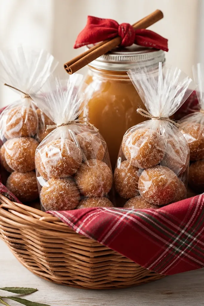 A basket lined with red plaid fabric. Inside are small bags of apple cider donut holes tucked upright. A jar of apple cider mix sits in the back. The top has a mini red bow and a cinnamon stick laid diagonally.