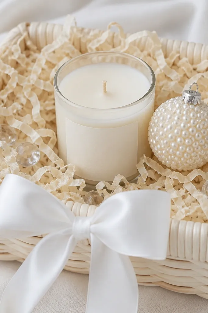 A cream basket filled with cream shredded paper. A vanilla candle with an off-white label sits in the center. A small faux pearl ornament is placed on top, surrounded by a few clear glass beads. The bow is white satin and sits flat at the front.