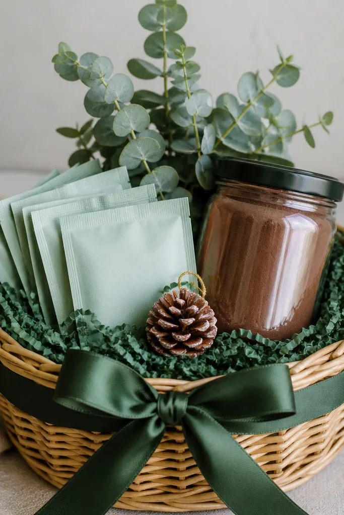 A basket with dark green ribbon and pine-green shredded paper. A small bundle of eucalyptus sits at the top. Inside are packets of mint tea and a cocoa mix jar. A mini pinecone ornament rests near the front.