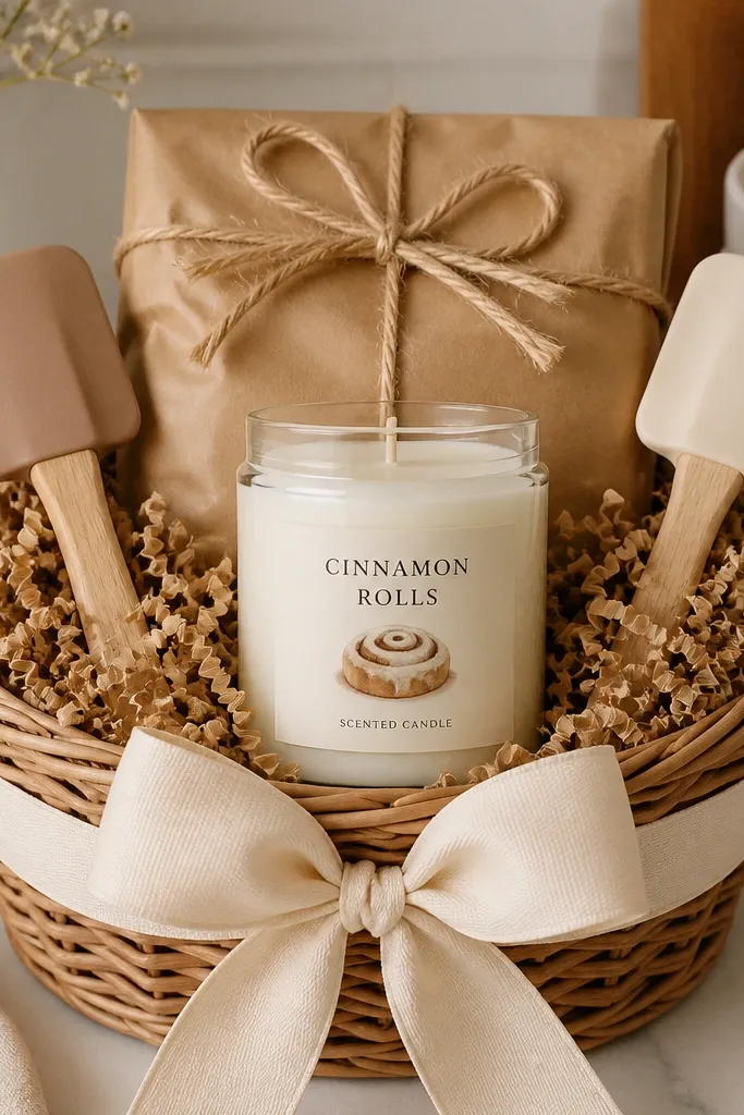 A basket with tan filler and a cream ribbon. A candle labeled like cinnamon rolls sits front center. Two mini silicone spatulas in light wood tones are tucked into the sides. A small packet of baking mix is wrapped in kraft paper and tied with twine. The bow sits on top of the baking packet.