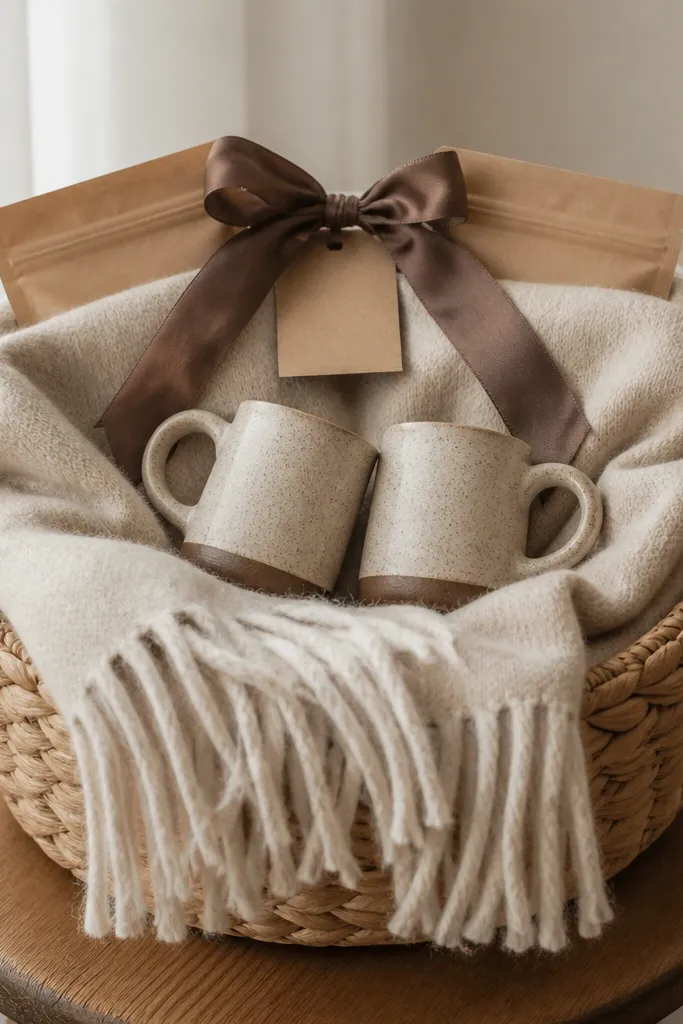 A basket with a folded oversized scarf in oatmeal color draped over the top. Hot chocolate packets in brown paper are tucked behind the scarf edges. Two mini mugs sit in the center. The top has a small brown bow and a kraft tag.