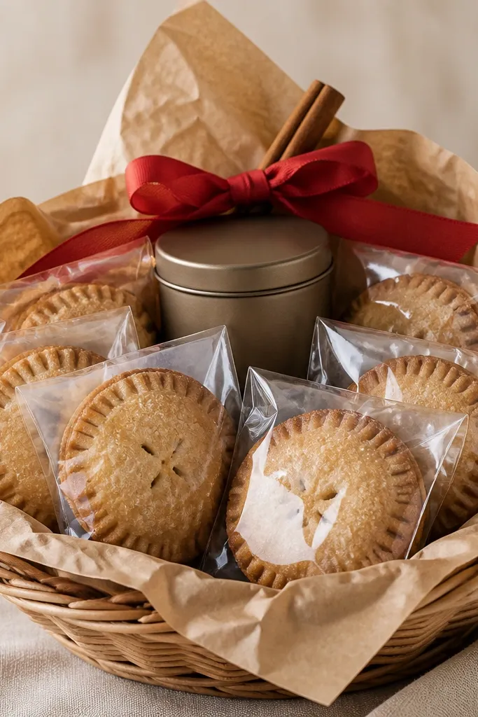 A basket lined with brown kraft paper. Several mini hand pies in clear packaging are arranged like a fan. A small tin of apple cider tea sits in the center back. The top has a red ribbon bow and a cinnamon stick tucked under tissue.