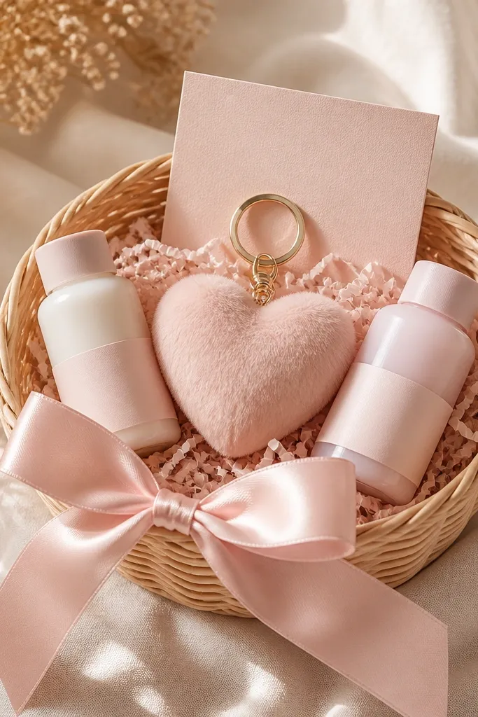 A small basket with pink-beige shredded paper. A plush heart keychain sits on top. Inside are two mini lotion bottles in matching pastel labels. A small card is propped upright in the back. The bow is a soft blush satin ribbon.