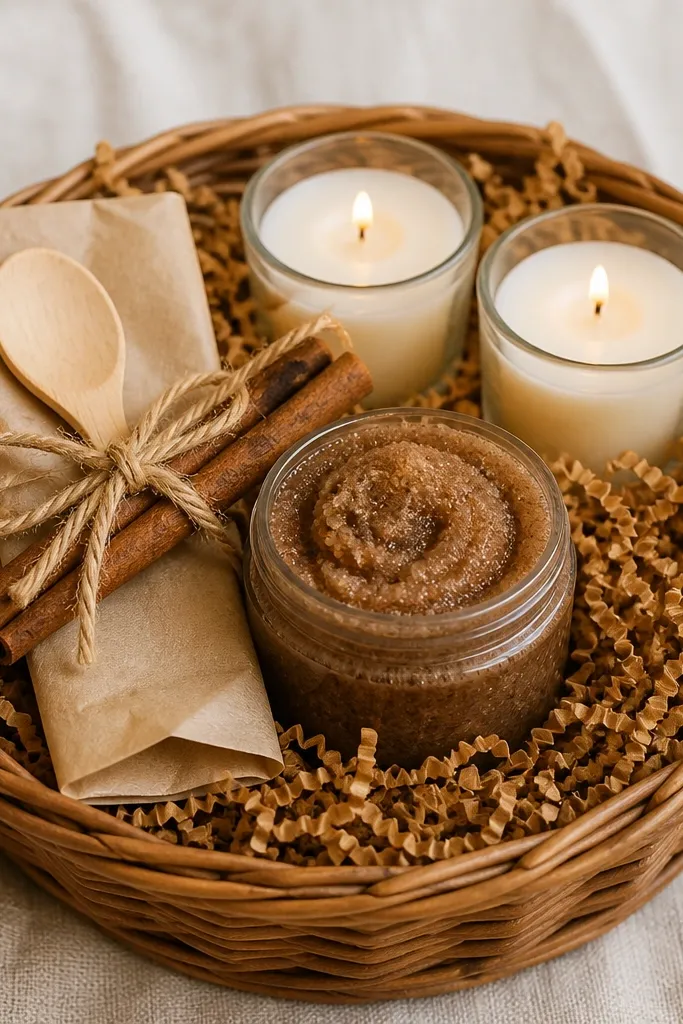 A basket with warm caramel shredded paper. A small jar of cinnamon sugar scrub sits front center. Two votive candles in clear holders are placed behind it. A folded kraft tissue pocket holds a small wooden spoon. The top has a twine bow and a cinnamon stick.