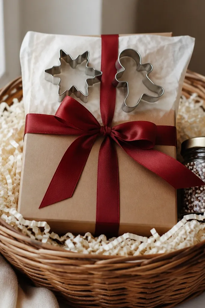 A basket filled with cream shredded paper. A cocoa kit box sits upright in the center with a bow around it. Two small metal cookie cutters are laid across the top under tissue. A small jar of sprinkles is tucked on the side. The ribbon is deep red.