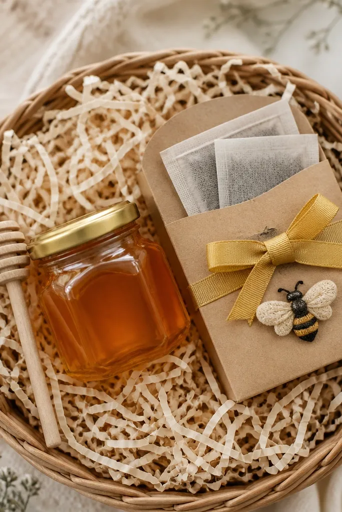 A basket lined with oat shredded paper. A small honey jar sits center with a wooden dipper leaning beside it. Two tea sachets are tucked into a kraft sleeve. The top has a small fabric bee applique and a yellow ribbon bow.
