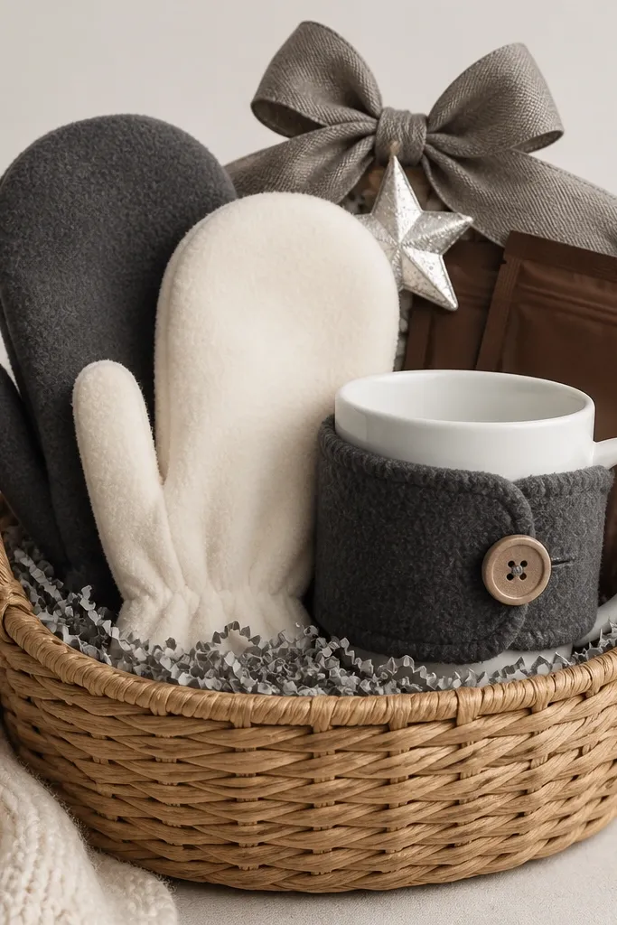 A basket with gray shredded paper. Fleece mittens in charcoal and cream sit upright in the center. A mug cozy sleeve wraps around a mug, and hot chocolate packets are tucked behind the mug. The top has a small silver star ornament and a gray bow.