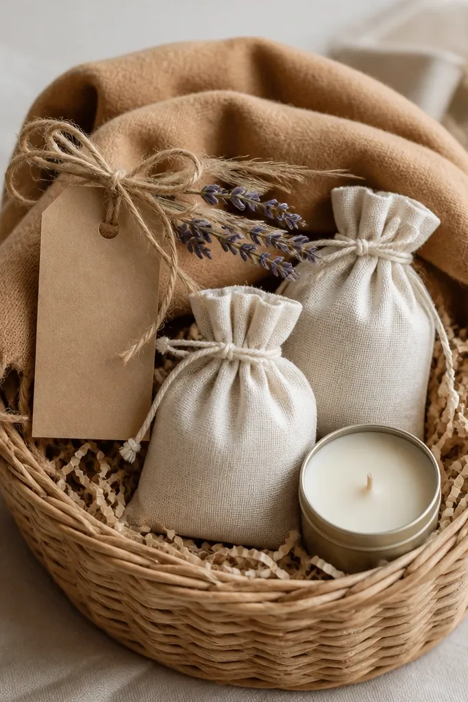 A basket with tan shredded paper. A folded scarf in camel color drapes over the top. Inside are two small sachet pouches in linen-look fabric, and a small candle tin. The top includes a kraft tag tied with twine and a small sprig of dried lavender.