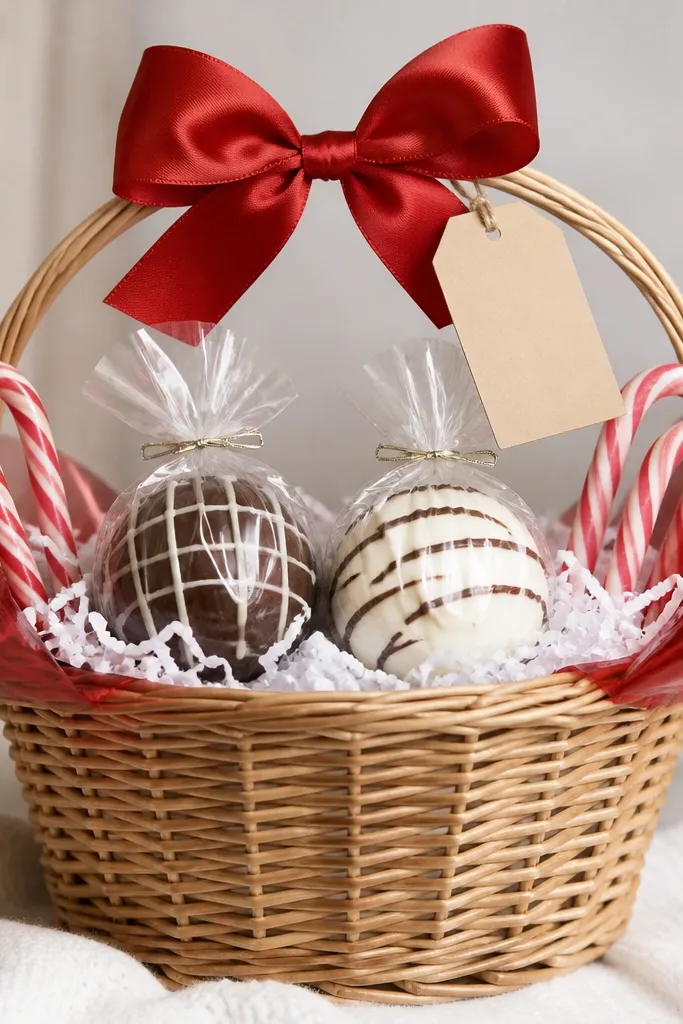 A basket with white shredded paper and red cellophane wrap around the sides. Two hot chocolate bombs in clear packaging sit in the center. Mini candy canes are placed upright on both sides. The top has a red bow and a small tag tied to the handle.