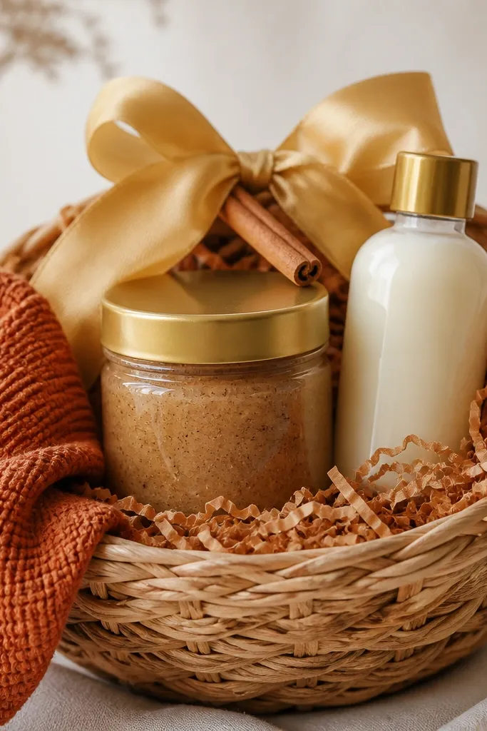 A basket filled with orange-tan shredded paper. A clear jar of pumpkin spice scrub sits front center with a gold lid. A small lotion bottle in cream sits beside it. A folded orange knit cloth is draped over the rim. The top has a gold ribbon bow and a tiny cinnamon stick.