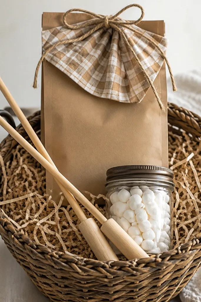 A basket with tan shredded paper. A cocoa mix bag stands upright in the center. Two wooden marshmallow roasting sticks are laid diagonally across the top. A small jar of marshmallows sits in front. The top has a brown twine bow and a small check napkin.