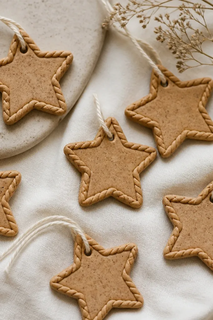 A set of small salt dough stars in warm tan with visible cinnamon specks, each star outlined by a thin braided dough rope. The stars are matte, evenly colored, and hung with cream twine.