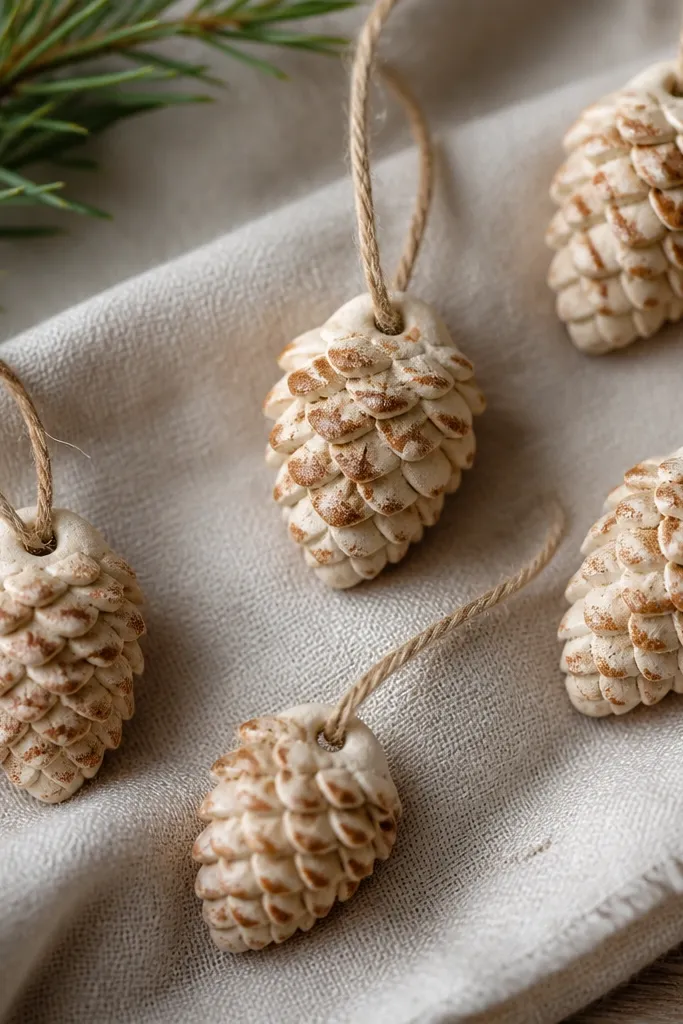 Tiny pinecone-shaped salt dough ornaments with raised scales, matte and warm beige. The tips look slightly darker like a cinnamon dusting, with twine loops threaded through small top holes.