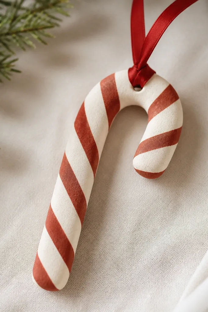 A candy cane salt dough ornament with crisp red-brown stripes on a pale base, twisted like a classic cane. The stripes are straight and the surface is matte, with a red ribbon loop.
