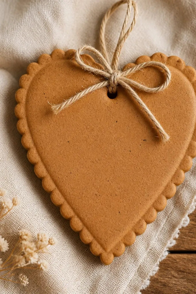 A heart ornament with a scalloped crimped border, warm cinnamon tan color, and a small twine bow tied at the top. The surface is matte with subtle specks.