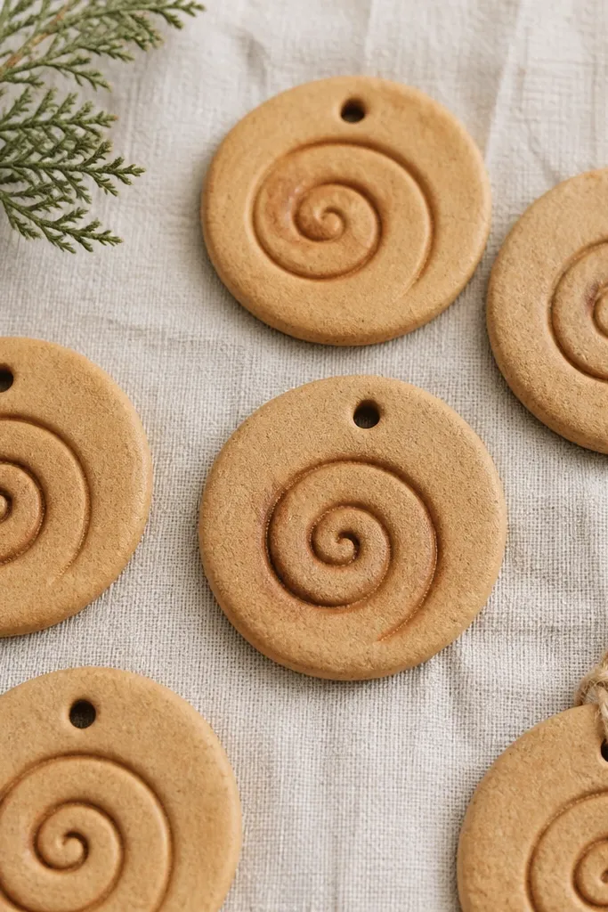 Flat round salt dough ornaments with a stamped swirl pattern in the center, warm tan matte surface, and a small hole near the top. Some rounds have slightly darker cinnamon in the stamp lines.