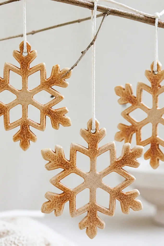 Snowflake salt dough ornaments with clear cutouts, matte light tan base, and slightly darker cinnamon wash concentrated in the arms. They hang from white twine.