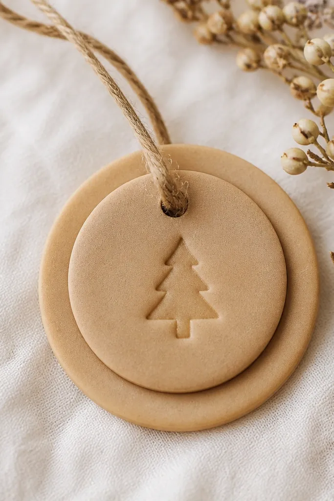 A small layered tag ornament: a base circle with a raised smaller circle on top, both in warm tan. The top layer has a simple stencil icon (like a tiny tree or star) pressed into the dough, sealed matte.